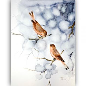 original watercolor realistic Marta Konieczny modern 40x30 cm best gallery beautiful, for women, for gift, for modern interior, best decoration for loft, green, botanic, organic, plants, fantastic, flovers, TREE, BIRDS
